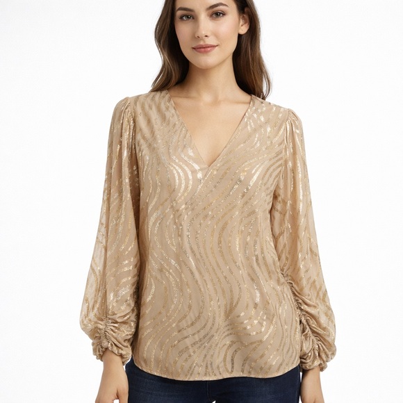 Adrienne Tops - Gold Foil Ruched Sleeve Party Blouse V Neck ADRIENNE Size Small